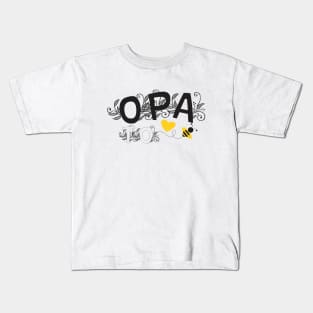 Opa To Be | Modern Cute Black And White Floral Typography With Yellow Bee And Heart | New Baby Announcement Kids T-Shirt